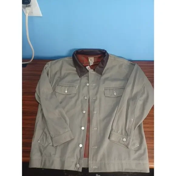 Vintage 90s Marlboro Mens XL Flannel Lined Leather Collar Trucker Jacket Gray